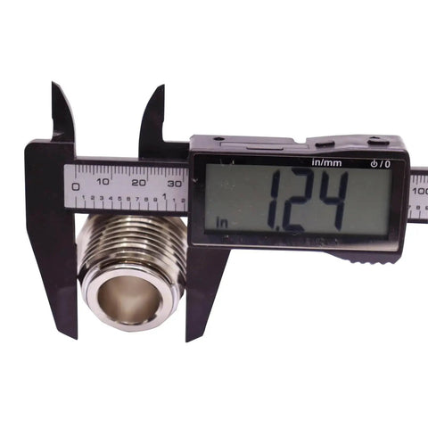 Caliper measuring 1 Inch NPT Female To 1 Inch NPT Male Fuel Hose Swivel Connector 360 Degree Rotating Beefy Brass Fittings
