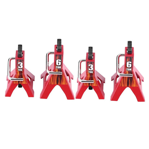 4Pcs Adjustable Metal Jack Stands for 1/10 RC Crawler Cars Climbing Jack Set, red metal with 3 ton and 6 ton labels visible.
