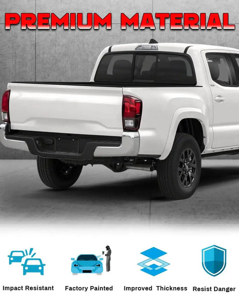 Rear view of a white Tacoma with Rear Bumper End Cap For Toyota Tacoma 2016 2023 No Parking Sensors Chrome Cap