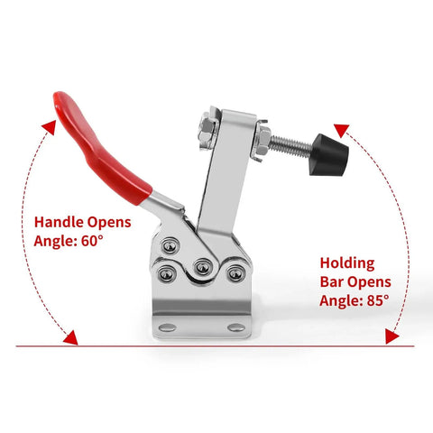 Heavy Duty 5 Pack Hold Down Toggle Clamps With Quick Release, red handle, shown in open position with 60 degree handle angle.