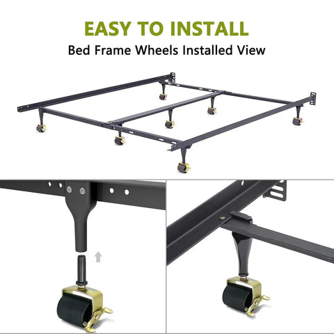 Six Piece Heavy Duty Locking Metal Casters For Bed Frame Replacement Wheels with secure locks installed on bed frame