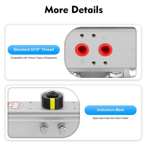 Jiabailie 2-in pneumatic ball valve with globe-threaded actuator; front view shows G1/4 ports A/B with red seals.
