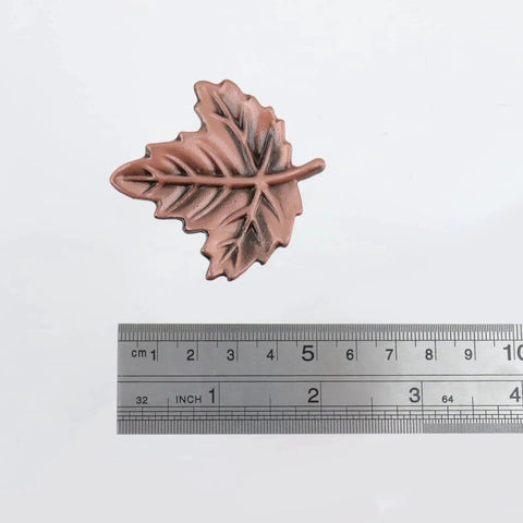 5 Pack Leaf Door Knob Handles Zinc Alloy Cupboard Pulls Vintage Style in red bronze finish with ruler for size reference