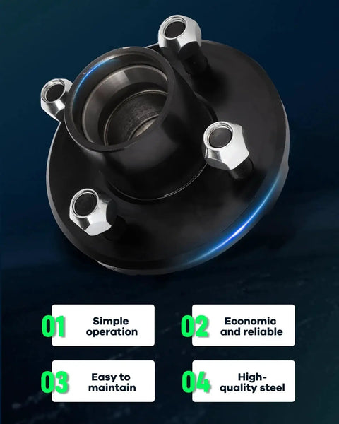 Trailer Hub Kit With Black Painted Idler Hub For 2000 Lb Boat Trailers Featuring 4 Lug On 4 Bolt Pattern And L44649 Inner And Outer Cone Bearings Built For Durable Smooth Rolling And Long Lasting Performance SCITOO, shown front view with steel material