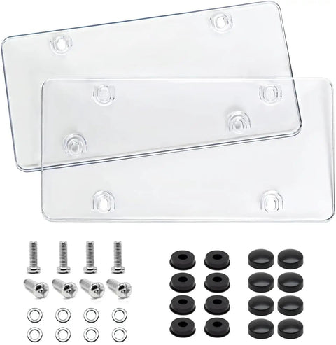 Transparent License Plate Cover 2 Pack With Curved Surface Design Fits Standard 6x12 Plates displayed with mounting hardware.