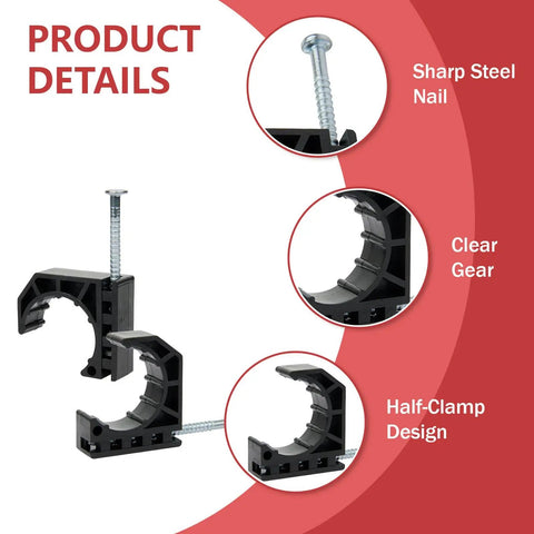 Pack Of 50 Black Half Clamp J Hook With Nail For 1/2 Inch PEX Tubing Pipe Support, Durable Plastic Mounts Highlighting Key Features