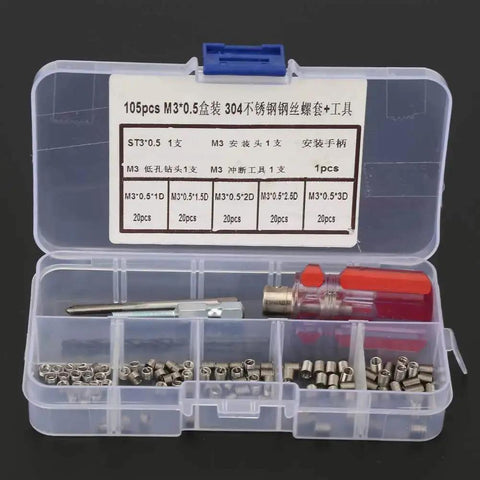 Open Pro Grade Stainless Steel Thread Inserts Repair Kit For Damaged Threads, Wire Insert Screws, M3 x 0.5 Box, 105 Pieces