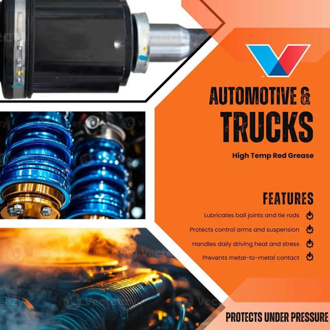 Heavy Duty All Purpose Lithium Grease NLGI 2 For High Temperature And Water Resistant Lubrication Of Wheel Bearings Chassis Suspension And Equipment Gear 14.1 Oz Cartridge One Pack with automotive and truck features and coil springs illustration.