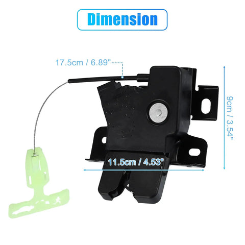 Mustang Trunk Latch Actuator DR3Z-5443200-A with cable, dimensions labeled, for Ford 2010-2014 Coupe Rear Deck Lid Latch Motor