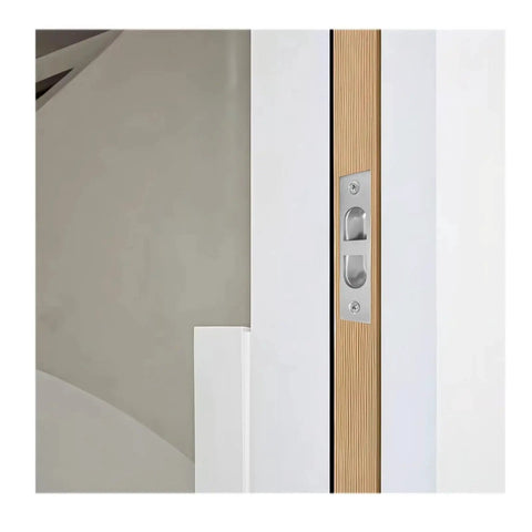 4 Inch Pocket Door Edge Pull Flush Mount Handle in 304 Stainless Steel for Pocket Door Hardware, installed on wooden door edge