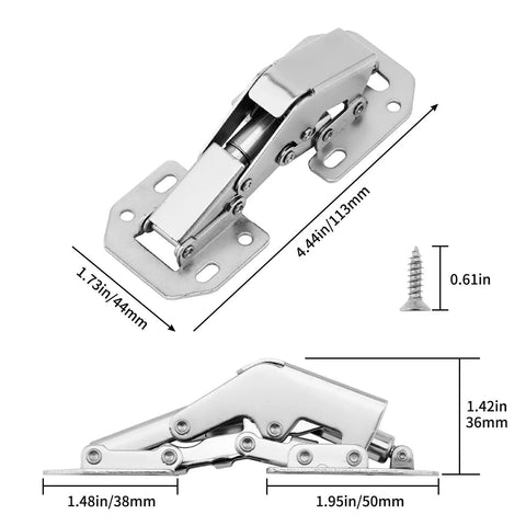 4 Pack Soft Close Damping Frameless Hidden Cabinet Hinges For Cupboard Doors With Easy Surface Mount Installation No Drilling 90 Degree Opening Includes 32 Stainless Steel Screws Smooth Quiet Close, showing dimensions and single screw details.