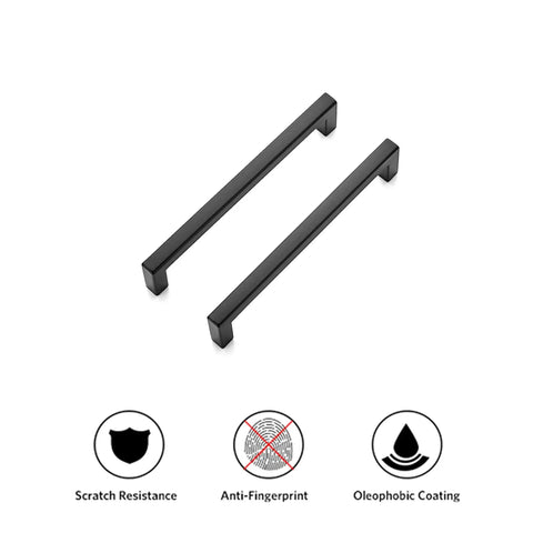 10 Pack Matte Black Cabinet Pulls With 5 Inch Hole Center Square Bar Slim Drawer Handles, displaying scratch resistance and anti-fingerprint features.