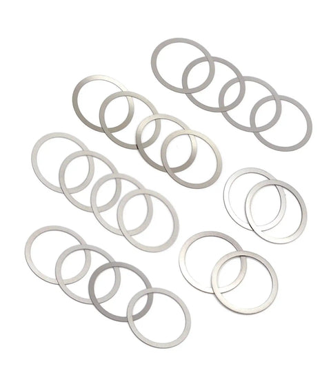 24 barrel shims in stainless steel for timing and alignment for 308 7.62 and 300BLK rifles, pack of 20, on white background