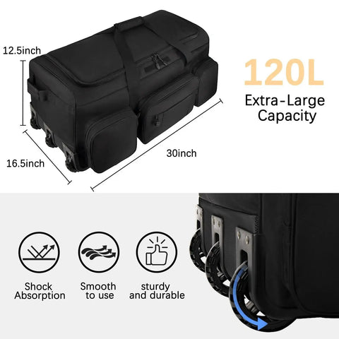 Ultra Large 120L Rolling Duffle Bag With Wheels For Travel And Outdoor Adventures, Built Tough Military Grade Design, showing dimensions and features.