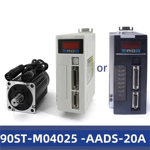 Front view of white 90ST-M04025 AC servo motor with matched driver module and cables