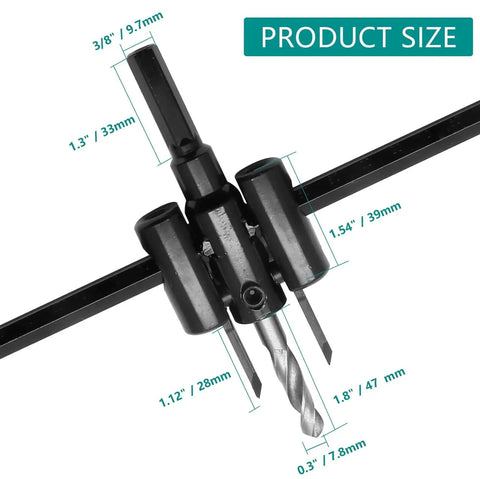 Heavy Duty Adjustable Circle Cutter Hole Saw Kit For Drywall Wood And Plaster With 30 To 300 Mm Cutting Range One Eighth To Two Inch Cutting Depth Three Eighth Inch Shank Includes Drill Bit And Hex Wrench Seimneire close-up view showing dimensions