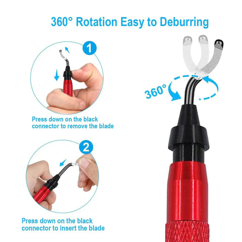 Premium Deburring Tool With 15 High Speed Steel Swivel Blades for Metal Resin PVC Pipes Plastic Aluminum Copper Wood and 3D Printing Burr Removal Red Coeweule Durable Handle demonstrated in blade swap process.
