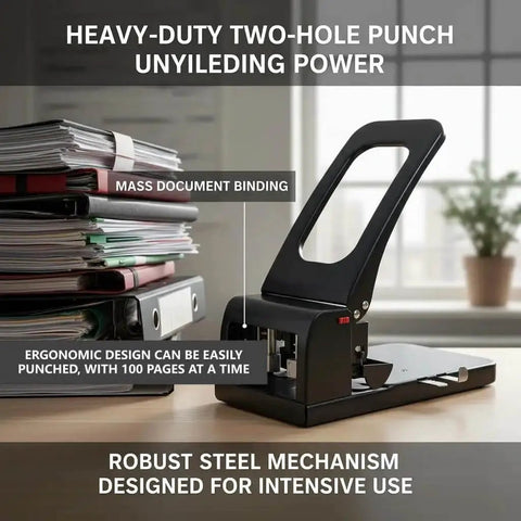 Tough As Nails Heavy Duty 2 Hole Punch For Office, School, And Home, 100 Sheets Capacity in black on a desk with stacked files