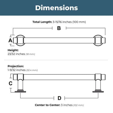 Dimensions diagram for Francisco 10 Pack Cabinet Pulls 3 Inch Center To Center Matte Black Handles For Kitchen Cabinets Doors Drawers Dressers And Furniture Durable Zinc Alloy Construction Smooth Operation Quick Install And Upgrade Your Home Decor With Modern Minimalist Style showing measurements in inches and millimeters.