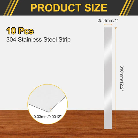 10 Pack 304 Stainless Steel Shim Stock Strips 0.03mm Thick By 1 Inch Wide By 12 Inches Long Flat Bar Gap Filler Trim For DIY Craft Projects Durable Rust Resistant Metal shown vertically with measurements