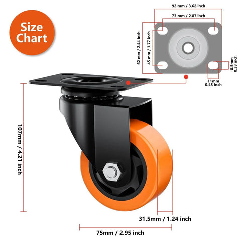 3 Inch Heavy Duty Caster Wheels Set Of 4 In Orange Polyurethane For Industrial Use, size chart for swivel top plate castors