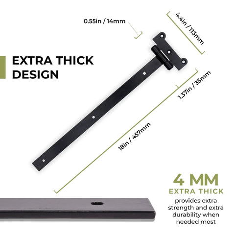 Extra thick design of 18-Inch Matte Black Barn Door Hinges, Heavy Duty 4mm Thick Iron Gate Hinges with measurements and material details.