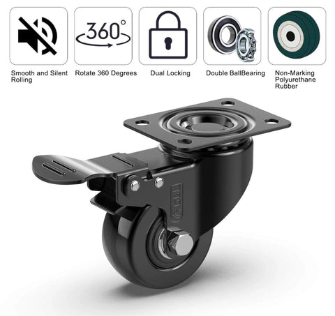Close-up of a black heavy duty caster wheel with brake and screws, silent rubberized castor for smooth mobility, 440 lbs capacity, non-marking.