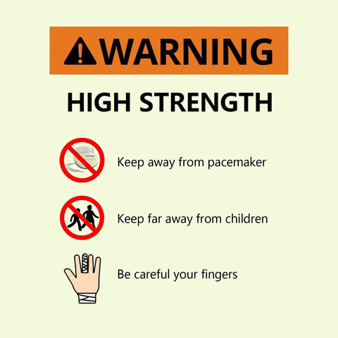 Front view: orange warning sign for high-strength magnets with pacemaker, children, and fingers icons.
