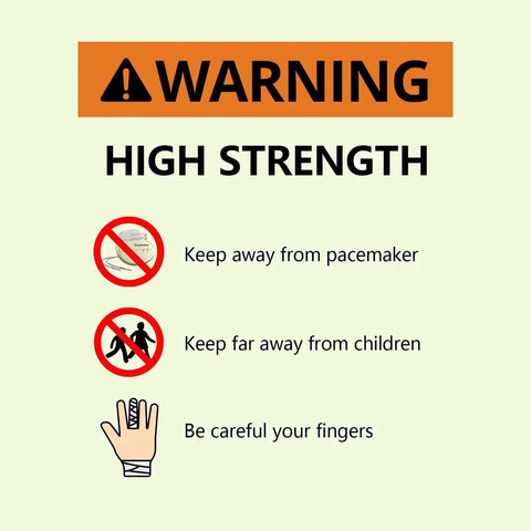 Warning label for 16 Pack Half Inch Neodymium Disc Magnets N52 Rare Earth, Rust Resistant, with safety precautions for use.