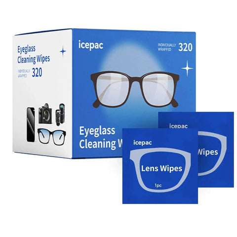 Box and packets of 320 Premoistened Cleaning Wipes For Glasses Screens And Cameras with lens graphics