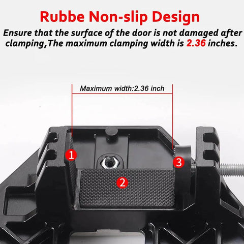 Close-up of aluminum alloy door hinge jig showing non-slip design and clamping mechanism for maximum width of 2.36 inches.