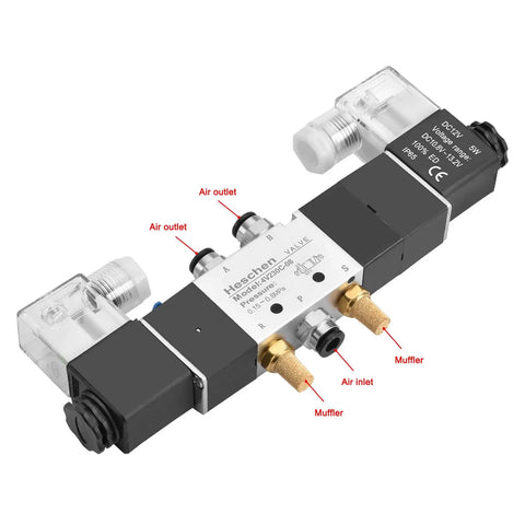Industrial Grade 5 Way 3 Position Internally Piloted Pneumatic Solenoid Valve 4V230-08C with PT1/4 Port and 12V DC Coil.
