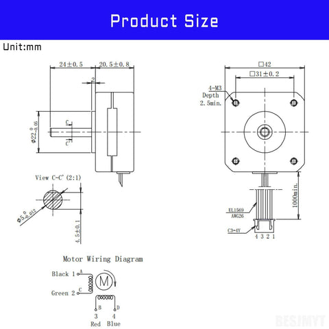 Nema 17 bipolar stepper motor technical drawing with front and side views, dimensions, and 4-wire wiring.
