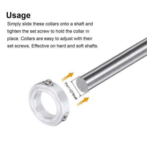 Double Split Clamp On Shaft Collar For 1-1/2 Inch Shaft, Two Piece Clamping Collar, 2-3/8 Inch Outer Diameter, 9/16 Inch Thickness, Aluminum Alloy Set Screw Clamp in use on a metal rod