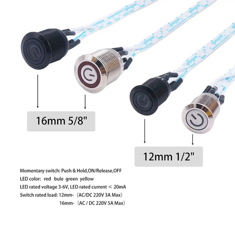 12mm momentary push button switch with blue LED ring alongside other switches, featuring tough metal chassis and wire leads.