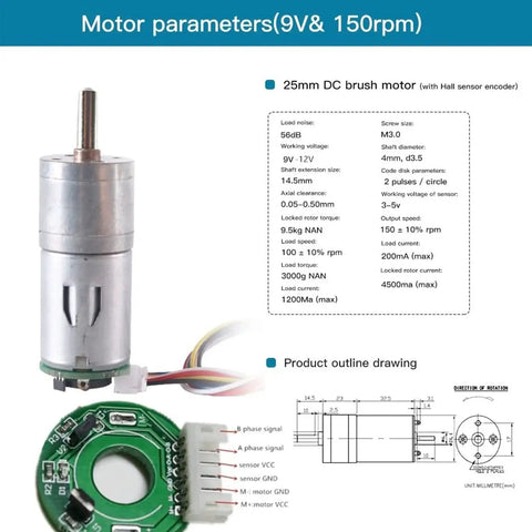25mm DC brush motor with encoder for Omnidirectional 80mm Mecanum Wheel Robot Chassis MC200 4WD Kit specifications