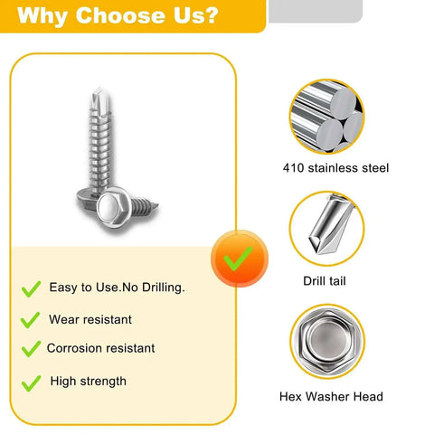 Self Tapping Screws Kit In 410 Stainless Steel 125 Piece Assortment With Driver No 10 Size Half Inch Hex Washer Head features