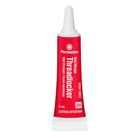 Red High Strength Thread Locker For Heavy Duty From Three Eighths To One Inch Locks Studs And Press Fits Delivers Three Thousand PSI Holding Power To Fight Vibration Loosening And Keep Things Tight For Removable Or Permanent Installations Six Ml Tube, featuring a 6 mL tube for fasteners.