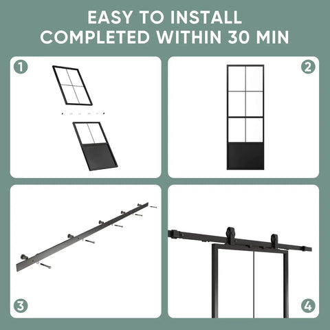 Installation steps for Frosted Tempered Glass Sliding Barn Door Panel With Pre Drilled Carbon Steel Frame 32 Inch By 84 Inch Includes Five And A Half Foot Hardware Kit And Soft Close Mechanism Easy Install For Modern Home Or Office Room Divider