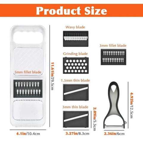 Image showing dimensions and components of a Six In One Mandoline Slicer With Adjustable Blades And Safe Hand Guard For Kitchen Must Have Stainless Steel Food Slicer For Potatoes Tomatoes Carrots Cucumbers Veggies Includes Thick And Thin Slices Crinkle Slices Fine Julienne Shreds Garlic Grating, featuring six interchangeable blades and a hand guard.