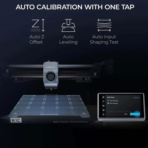 K1C 3D Printer Crazy Fast CoreXY System With 600 Millimeters Per Second Print Speed And 20000 Millimeters Per Second Squared Acceleration, showing auto leveling screen and printer bed
