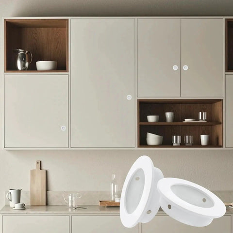 Recessed Cabinet Pulls 2 Inch Round White Flush Door Pulls Stainless Steel Finger Handles installed on modern kitchen cabinets