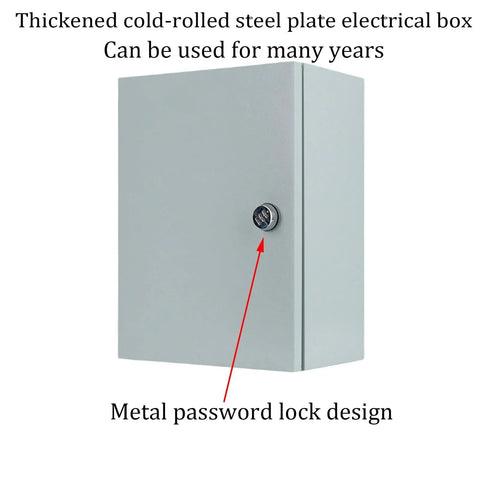 Durable Steel Electrical Enclosure Box for Electronics Waterproof Wall Mounted Junction Box with lock, front view.