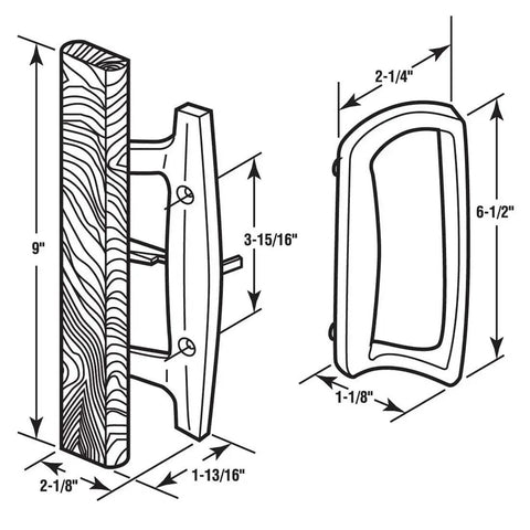 Diagram of Mortise Style Reversible Sliding Patio Door Handle Set With Oak Wood Interior Handle And Exterior Pull In White Diecast Finish Fits 3-15/16 Inch Screw Hole Spacing Non-Keyed With Latch Locks.