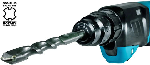 Aggressive Concrete Drilling With A 5 Piece SDS Plus Bit Set For Rotary Hammers Makita Carbide Tipped Bits close-up with drill
