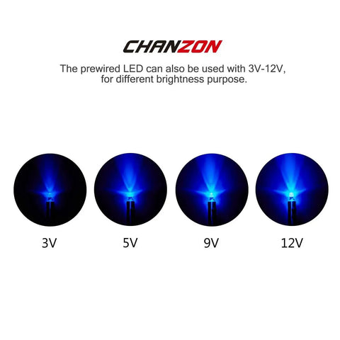 Brightness comparison of blue 3mm pre wired LED diodes at 3V, 5V, 9V, and 12V, showcasing dash illumination indicator lights for automotive projects.