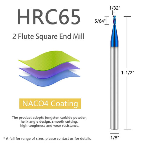 Pro Grade 5 Pc One Thirty Second Inch Solid Carbide Square End Mills Set For CNC Milling, 2 Flute Tungsten Steel Micro Milling Bits With NACO Coating, 65HRC Hardness For Stainless Steel And Hard Metals AYCHOLIZ