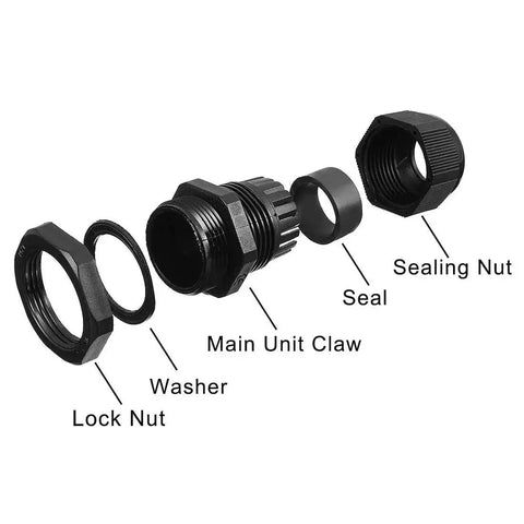 Exploded view of PG11 Waterproof Nylon Cable Gland Joint with Adjustable Locknut, showing individual components labeled.