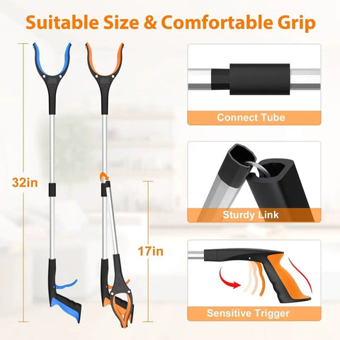 32 Inch Foldable Grabber Reacher Tool 2 Pack With 360 Degree Rotating Jaw And Magnet, lightweight trash picker with grip details