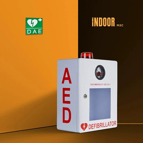 AED Defibrillator Cabinet with Key and Alarm for Offices Nursing Homes and Public Places, visible first aid storage case with glass window.